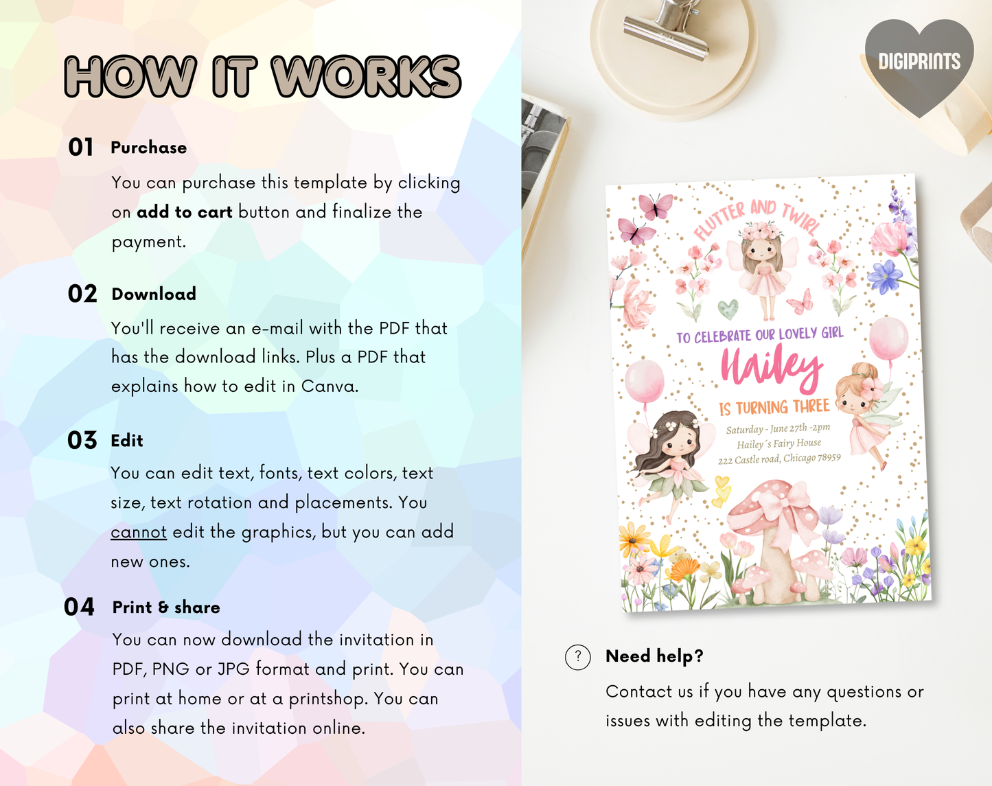 Fairy Garden Third Birthday Invitation Template | Editable Canva Template | 5x7in & WhatsApp | Digital Download