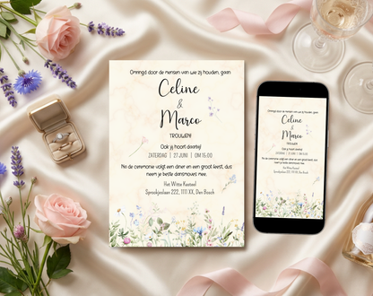 Wilde Bloemen Bruiloft Uitnodigingstemplate Beige | Bewerkbare Canva Template | A5, A6 & WhatsApp | Digitale Download