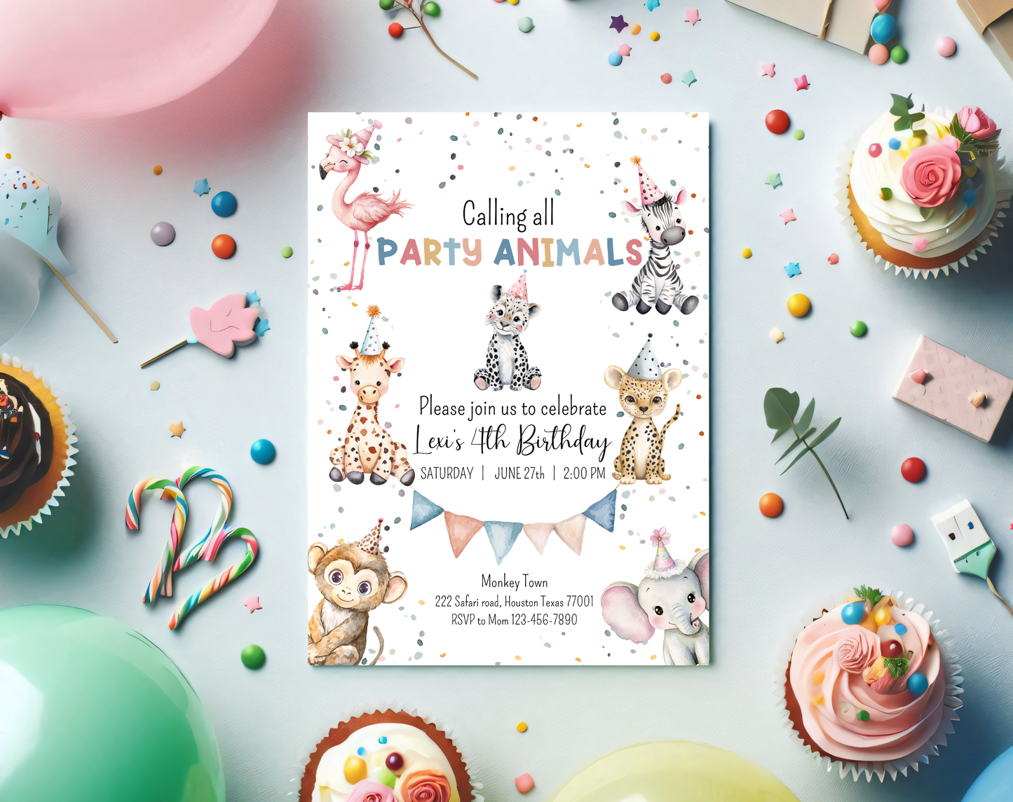 Party Animals Fourth Birthday Invitation Template | Editable Canva Template | 5x7in & WhatsApp | Digital Download