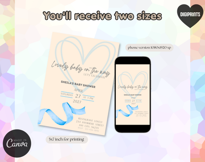 Boho Blue Baby Shower Invitation Template | Editable Canva Template | 5x7in & WhatsApp | Digital Download