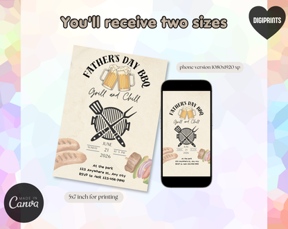Father's Day BBQ Invitation Template | Editable Canva Template | 5x7in & WhatsApp | Digital Download