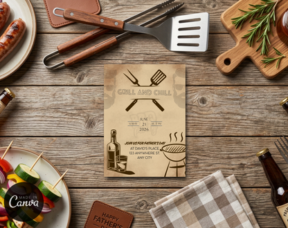 Father's Day Grill and Chill Invitation Template Vintage | Editable Canva Template | 5x7in & WhatsApp | Digital Download