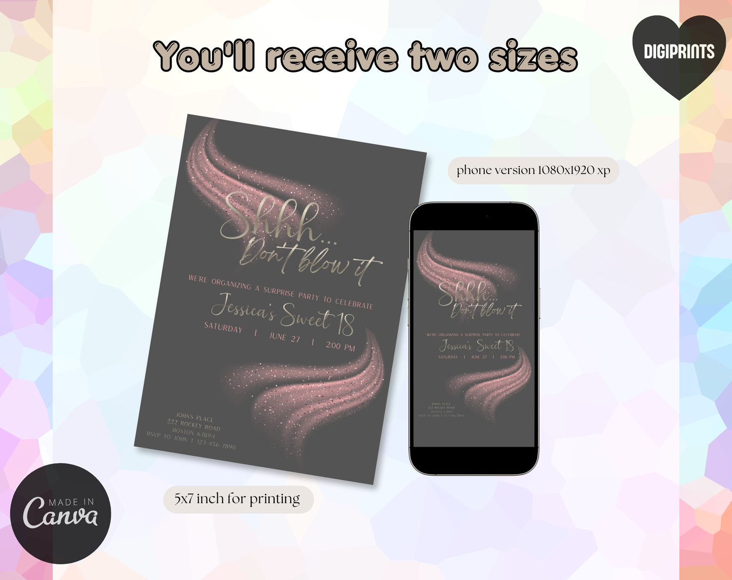 Surprise Sweet 18 Birthday Invitation Template Grey Pink | Editable Canva Template | 5x7in & WhatsApp | Digital Download