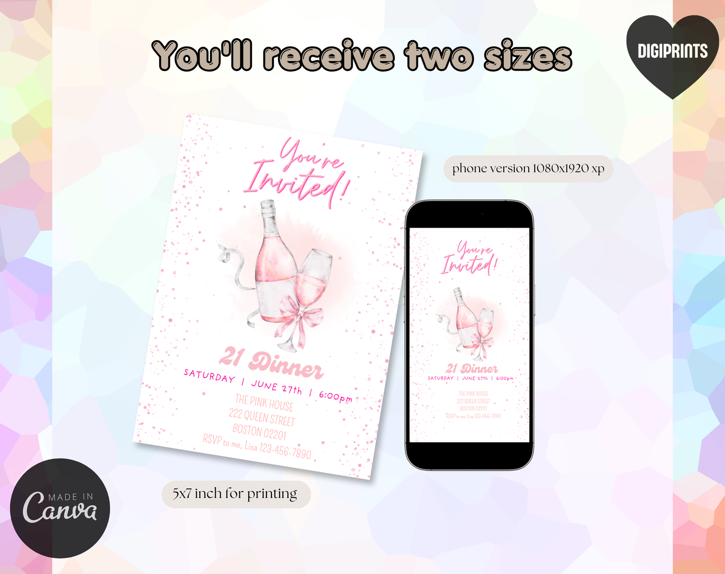 21st Birthday Dinner Invitation Template | Editable Canva Template | 5x7in & WhatsApp | Digital Download