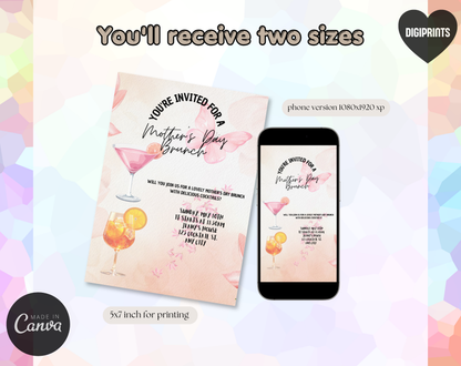 Mother's Day Brunch Cocktails Invitation Template | Editable Canva Template | 5x7in & WhatsApp | Digital Download