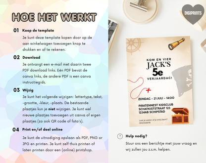 Piraat 5e Verjaardag Uitnodigingstemplate | Bewerkbare Canva Template | A5, A6 & WhatsApp | Digitale Download