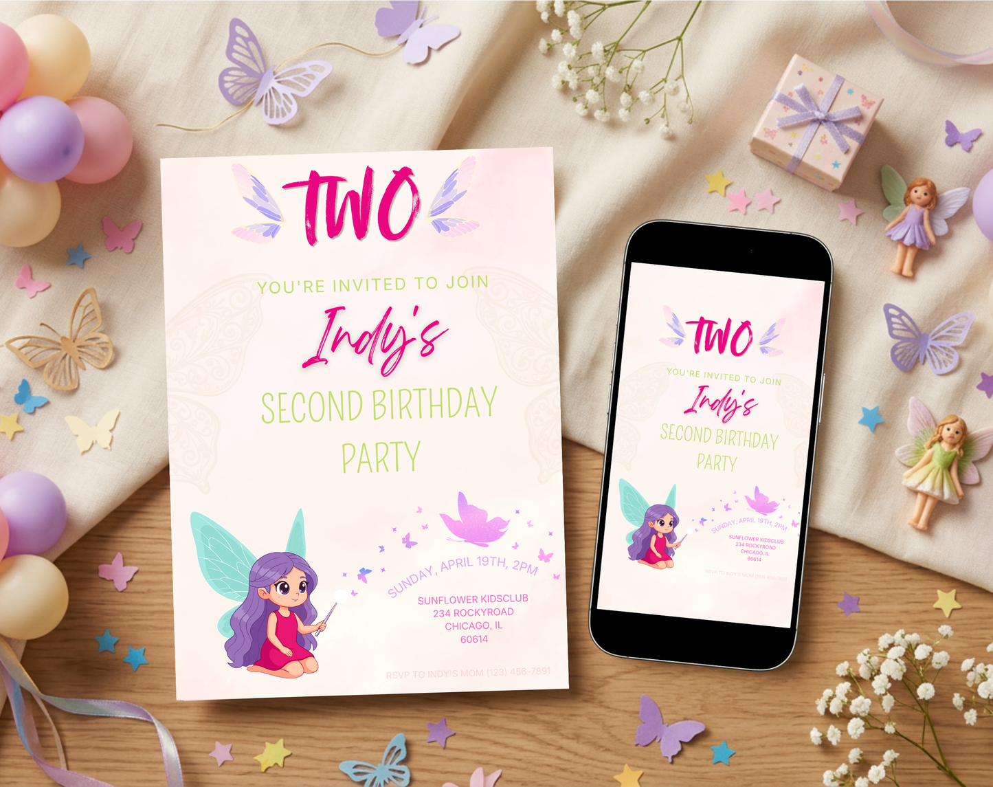 Fairy Second Birthday Invitation Template | Editable Canva Template | 5x7in & WhatsApp | Digital Download