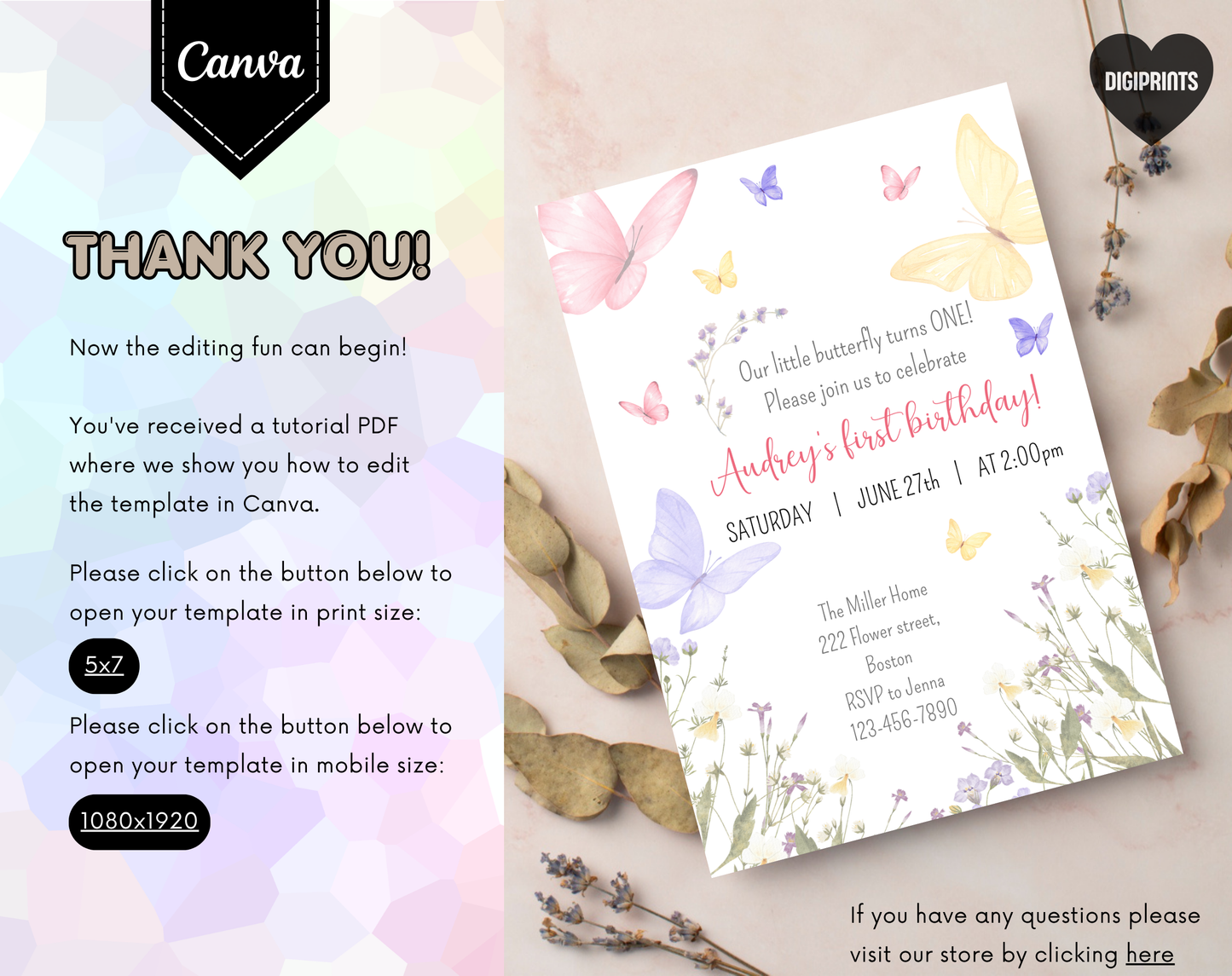 Butterfly First Birthday Invitation Template | Editable Canva Template | 5x7in & WhatsApp | Digital Download