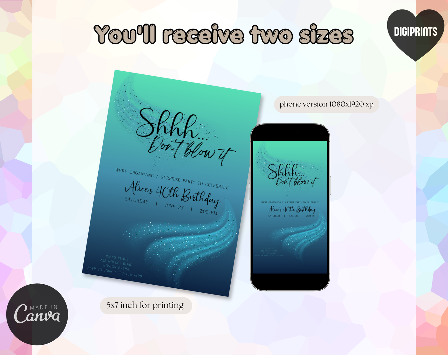 Surprise 40th Birthday Invitation Template Teal Blue | Editable Canva Template | 5x7in & WhatsApp | Digital Download
