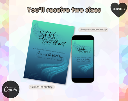 Surprise 40th Birthday Invitation Template Teal Blue | Editable Canva Template | 5x7in & WhatsApp | Digital Download