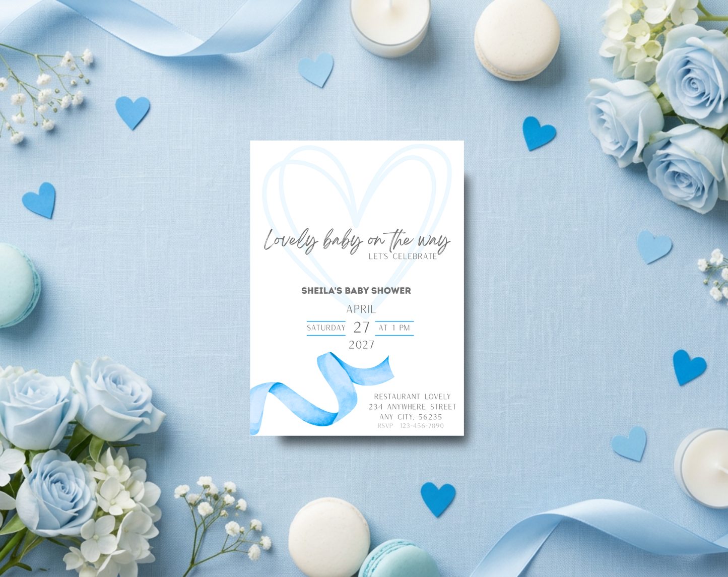 Blue Ribbon Baby Shower Invitation Template | Editable Canva Template | 5x7in & WhatsApp | Digital Download