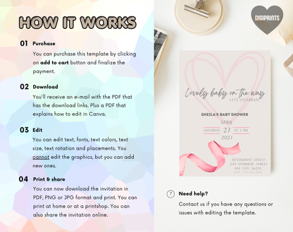 Boho Baby Shower Invitation Template Girl | Editable Canva Template | 5x7in & WhatsApp | Digital Download