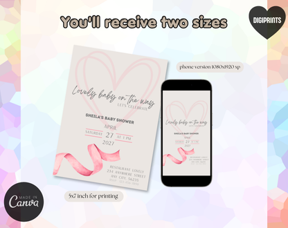 Boho Baby Shower Invitation Template Girl | Editable Canva Template | 5x7in & WhatsApp | Digital Download