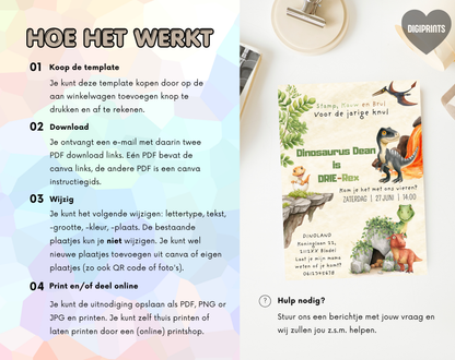Dinosaurus 3e Verjaardag Uitnodiging DRIE-Rex | Canva Template | A5 A6 WhatsApp | Download