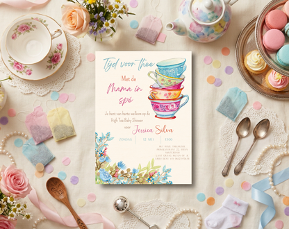 High Tea Babyshower Uitnodigingstemplate Mama in Spé | Bewerkbare Canva Template | A5, A6 & WhatsApp | Digitale Download