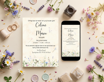 Wilde Bloemen Bruiloft Uitnodigingstemplate Beige | Bewerkbare Canva Template | A5, A6 & WhatsApp | Digitale Download