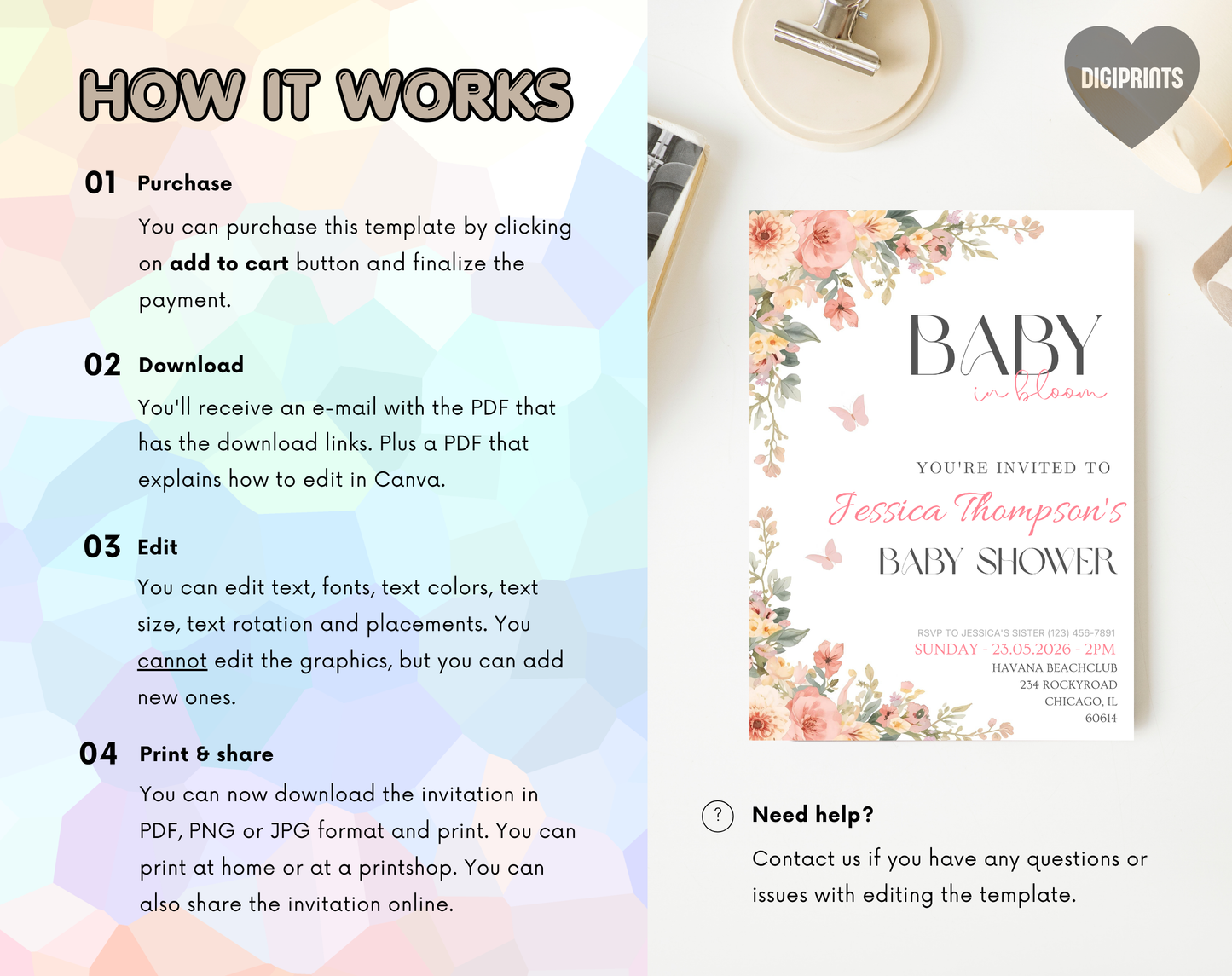 Floral Baby Shower Invitation Template | Editable Canva Template | 5x7in & WhatsApp | Digital Download