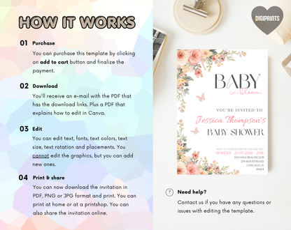 Floral Baby Shower Invitation Template | Editable Canva Template | 5x7in & WhatsApp | Digital Download
