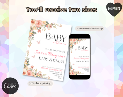 Floral Baby Shower Invitation Template | Editable Canva Template | 5x7in & WhatsApp | Digital Download