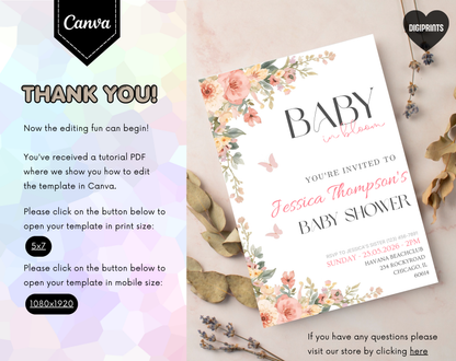 Floral Baby Shower Invitation Template | Editable Canva Template | 5x7in & WhatsApp | Digital Download