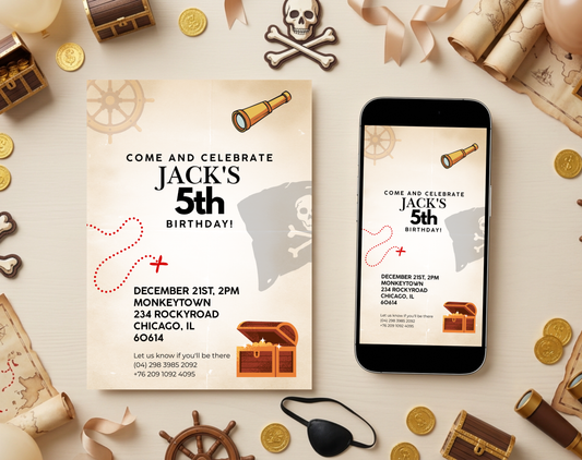 Pirate Fifth Birthday Invitation Template | Editable Canva Template | 5x7in & WhatsApp | Digital Download