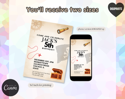 Pirate Fifth Birthday Invitation Template | Editable Canva Template | 5x7in & WhatsApp | Digital Download