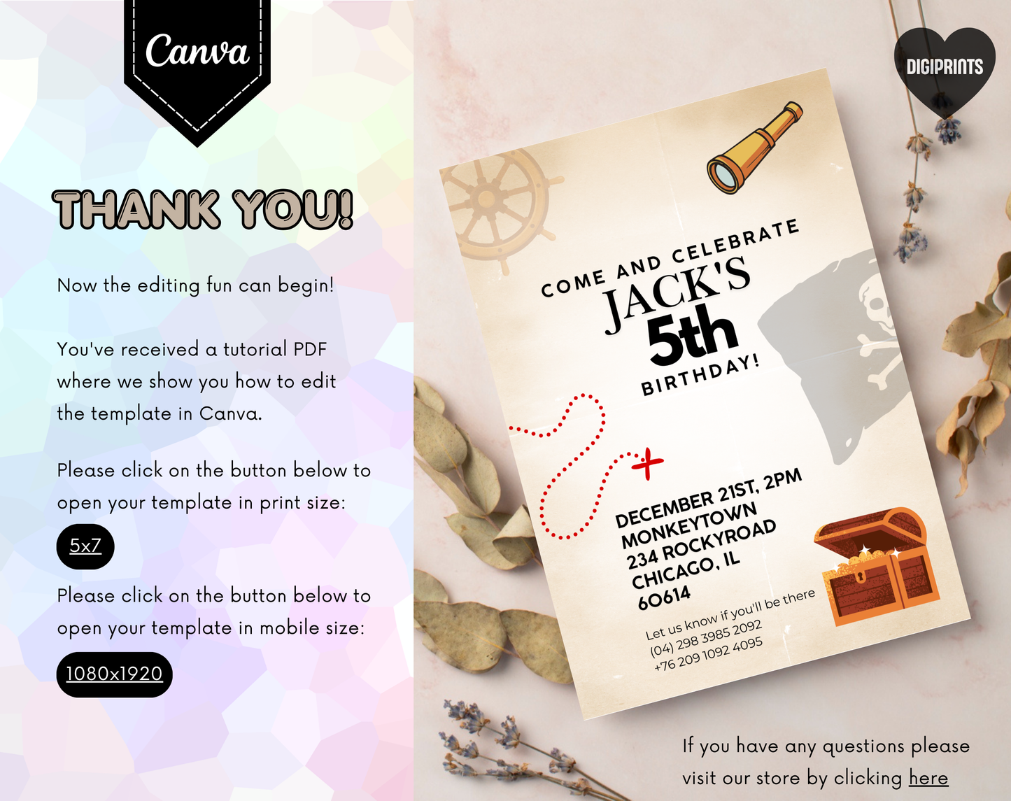Pirate Fifth Birthday Invitation Template | Editable Canva Template | 5x7in & WhatsApp | Digital Download