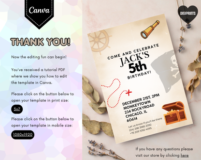 Pirate Fifth Birthday Invitation Template | Editable Canva Template | 5x7in & WhatsApp | Digital Download