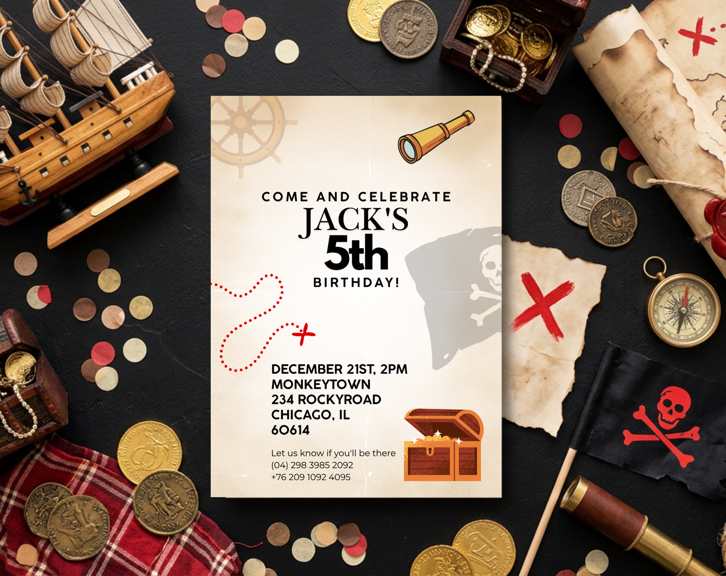 Pirate Fifth Birthday Invitation Template | Editable Canva Template | 5x7in & WhatsApp | Digital Download