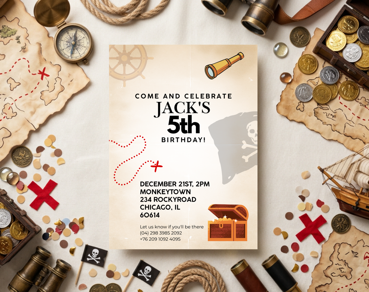 Pirate Fifth Birthday Invitation Template | Editable Canva Template | 5x7in & WhatsApp | Digital Download