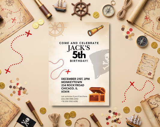 Pirate Fifth Birthday Invitation Template | Editable Canva Template | 5x7in & WhatsApp | Digital Download