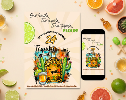 24th Birthday Tequila Sunrise Invitation Template | Editable Canva Template | 5x7in & WhatsApp | Digital Download