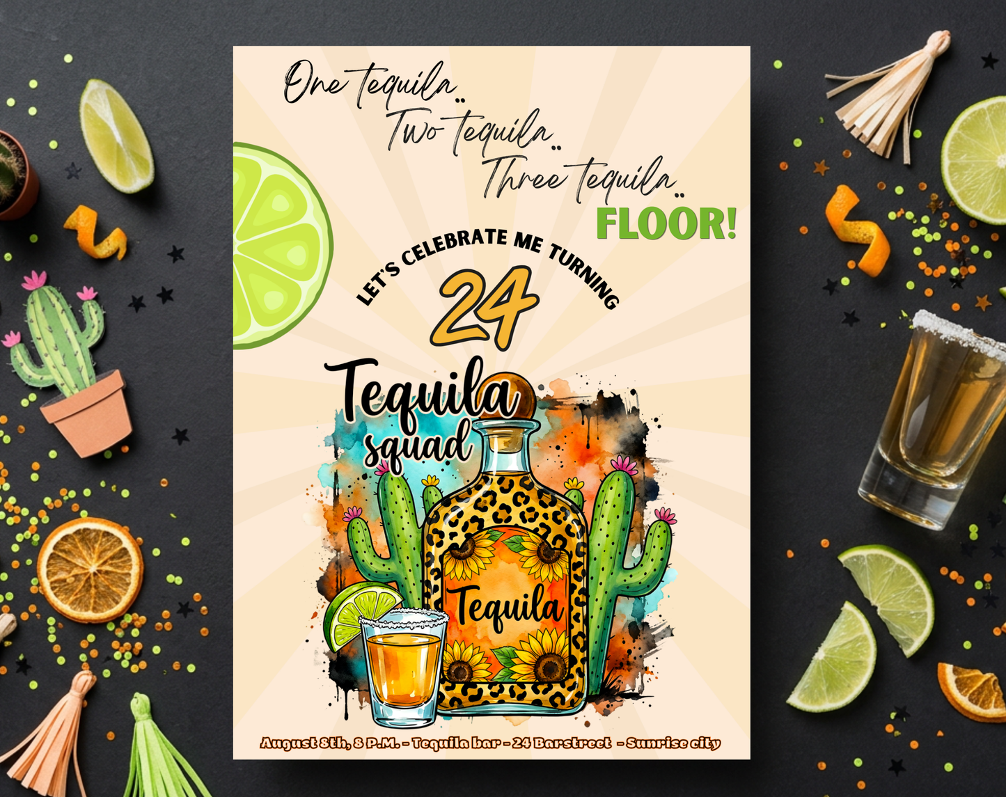 24th Birthday Tequila Sunrise Invitation Template | Editable Canva Template | 5x7in & WhatsApp | Digital Download