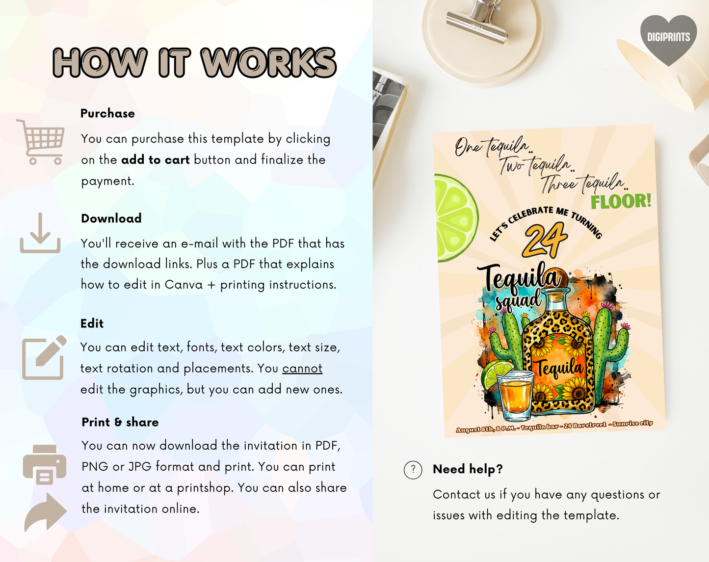 24th Birthday Tequila Sunrise Invitation Template | Editable Canva Template | 5x7in & WhatsApp | Digital Download