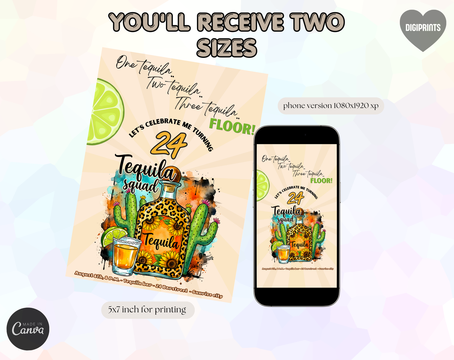 24th Birthday Tequila Sunrise Invitation Template | Editable Canva Template | 5x7in & WhatsApp | Digital Download