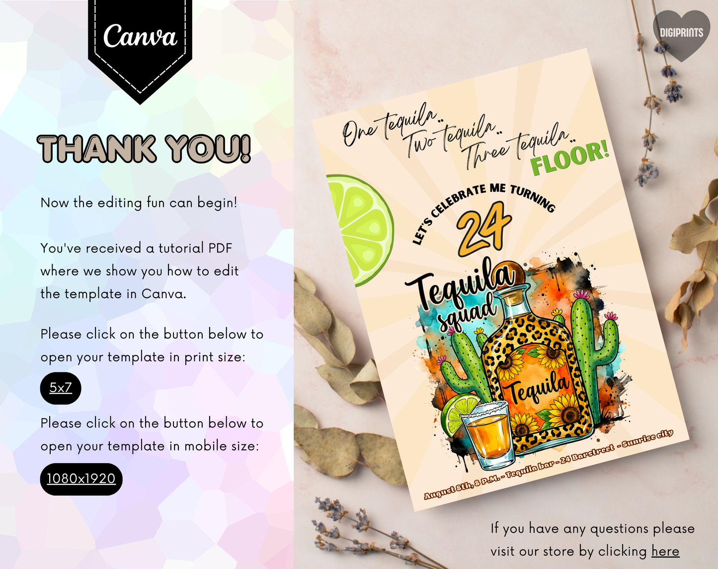 24th Birthday Tequila Sunrise Invitation Template | Editable Canva Template | 5x7in & WhatsApp | Digital Download