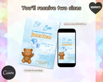 Blue Bear Sip & See Invitation Template | Editable Canva Template | 5x7in & WhatsApp | Digital Download