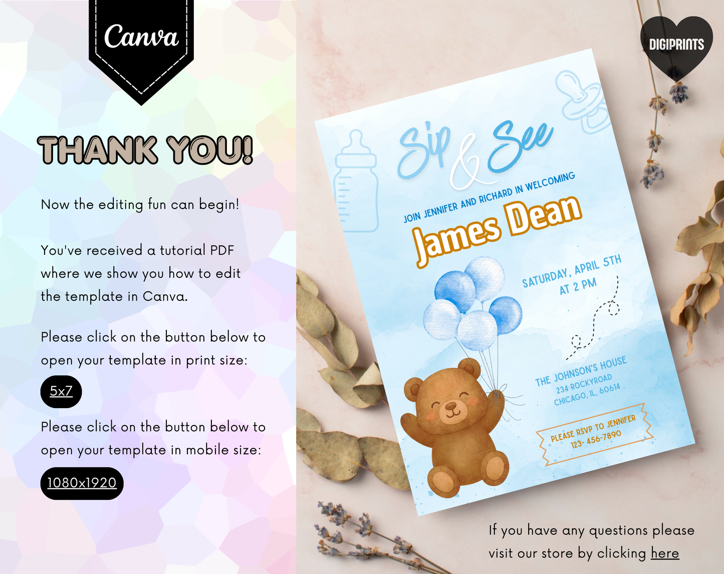 Blue Bear Sip & See Invitation Template | Editable Canva Template | 5x7in & WhatsApp | Digital Download