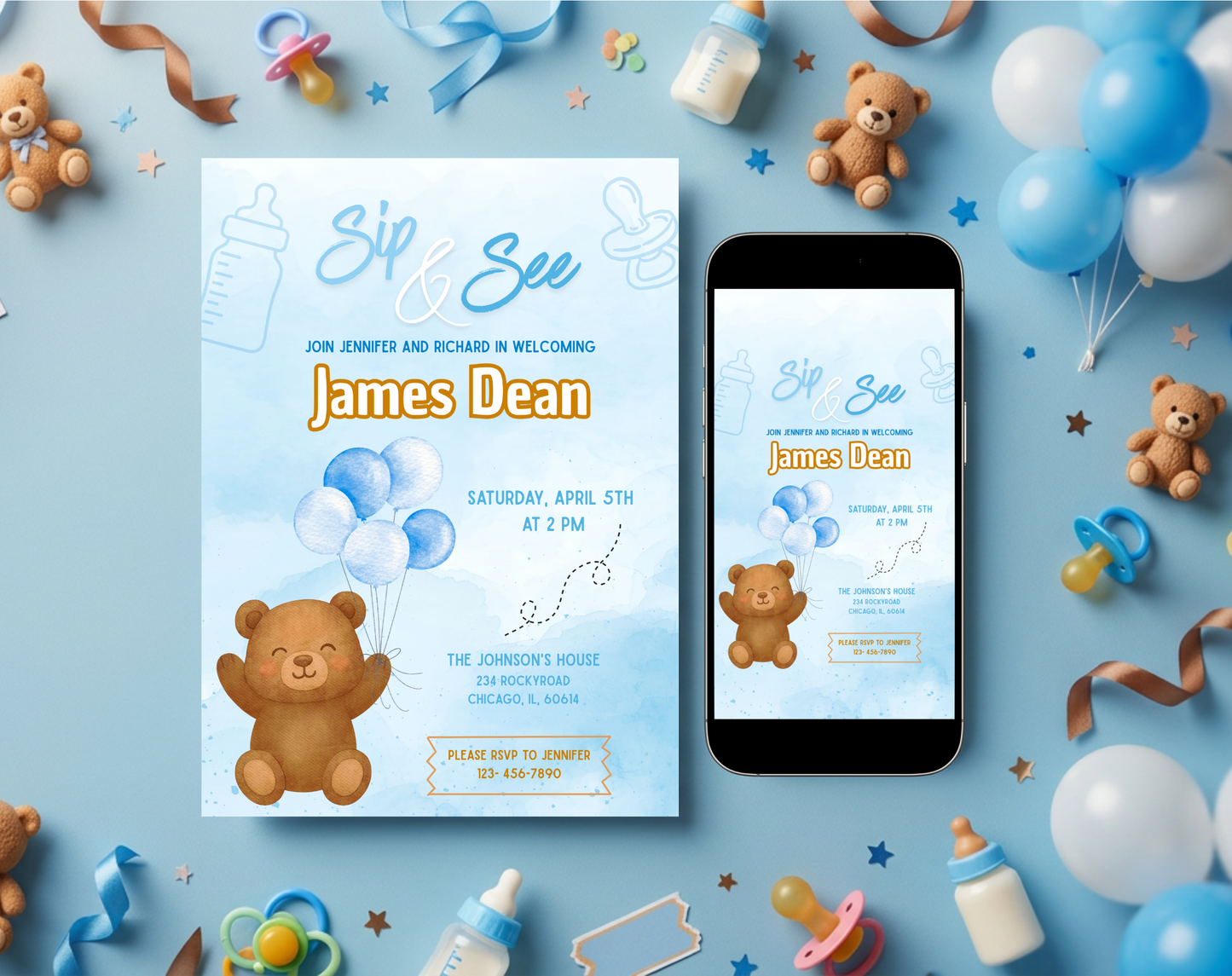 Blue Bear Sip & See Invitation Template | Editable Canva Template | 5x7in & WhatsApp | Digital Download
