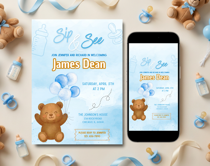 Blue Bear Sip & See Invitation Template | Editable Canva Template | 5x7in & WhatsApp | Digital Download