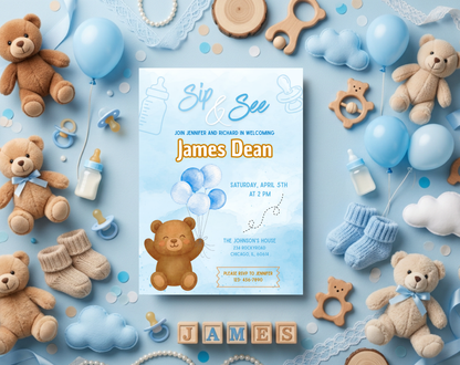Blue Bear Sip & See Invitation Template | Editable Canva Template | 5x7in & WhatsApp | Digital Download