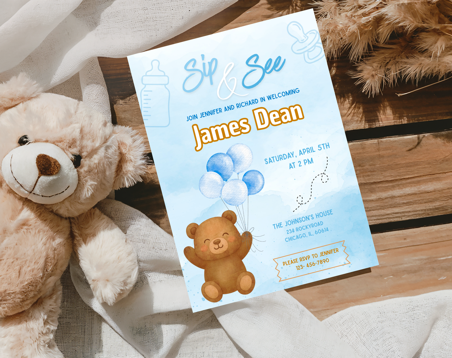 Blue Bear Sip & See Invitation Template | Editable Canva Template | 5x7in & WhatsApp | Digital Download