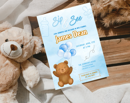 Blue Bear Sip & See Invitation Template | Editable Canva Template | 5x7in & WhatsApp | Digital Download