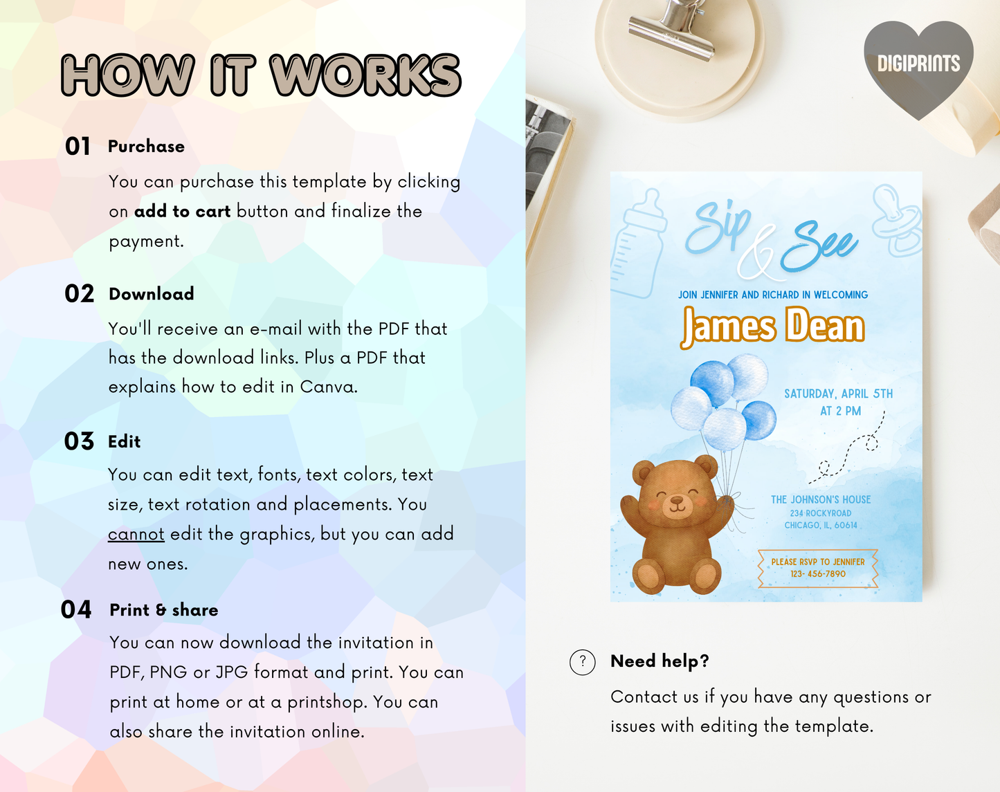 Blue Bear Sip & See Invitation Template | Editable Canva Template | 5x7in & WhatsApp | Digital Download