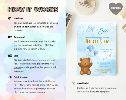 Blue Bear Sip & See Invitation Template | Editable Canva Template | 5x7in & WhatsApp | Digital Download