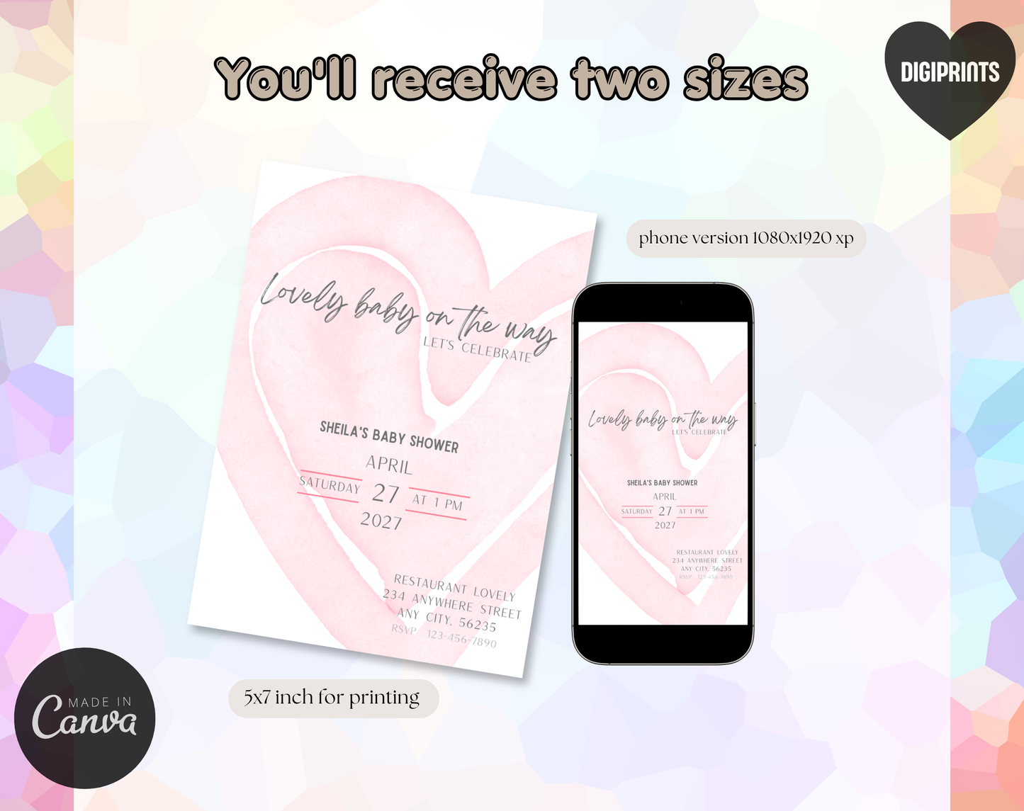 Pink Heart Baby Shower Invitation Template | Editable Canva Template | 5x7in & WhatsApp | Digital Download