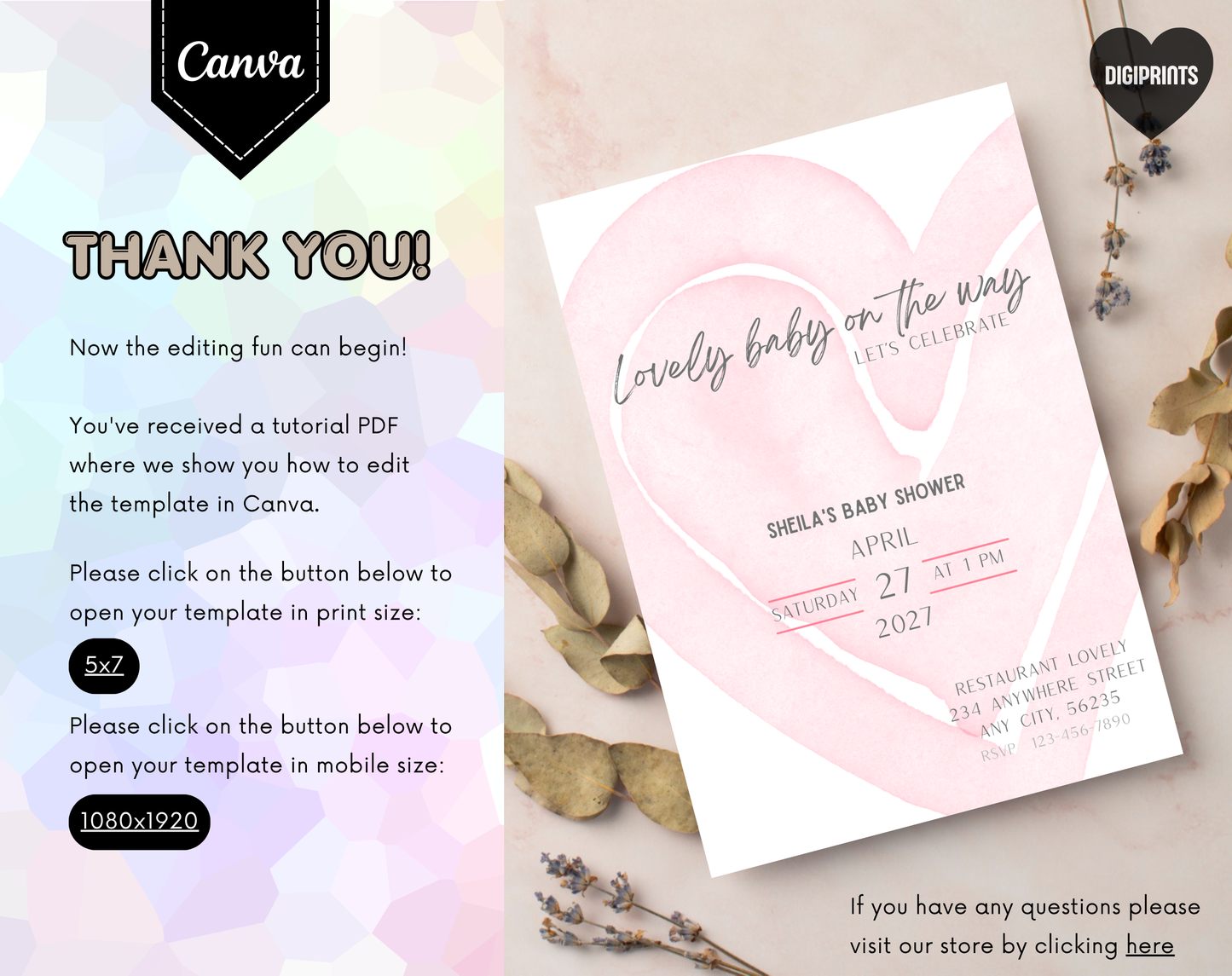 Pink Heart Baby Shower Invitation Template | Editable Canva Template | 5x7in & WhatsApp | Digital Download