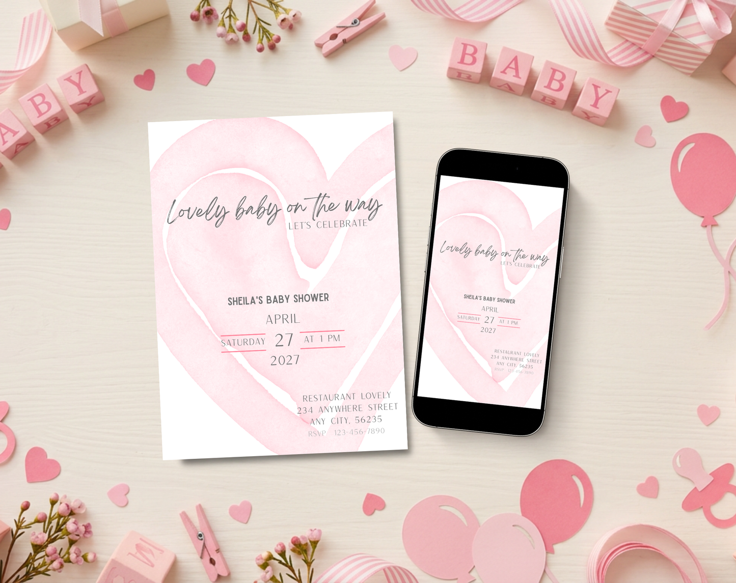 Pink Heart Baby Shower Invitation Template | Editable Canva Template | 5x7in & WhatsApp | Digital Download