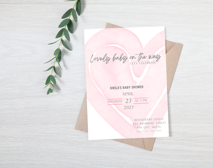 Pink Heart Baby Shower Invitation Template | Editable Canva Template | 5x7in & WhatsApp | Digital Download