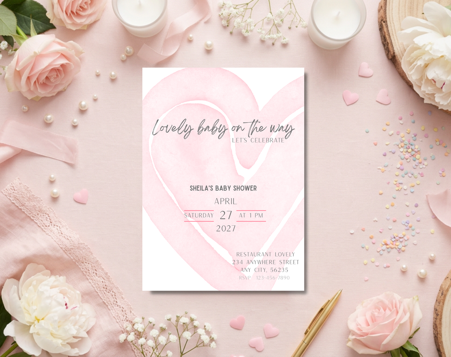 Pink Heart Baby Shower Invitation Template | Editable Canva Template | 5x7in & WhatsApp | Digital Download
